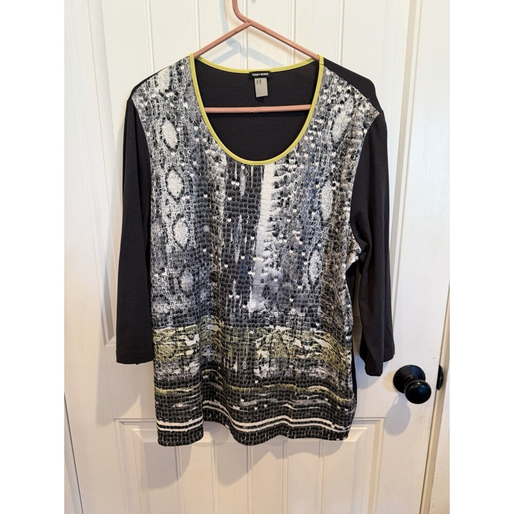 Gerry Weber Women’s US 16 Sequin Tunic Top Abstract Print 3/4 Sleeve Gray